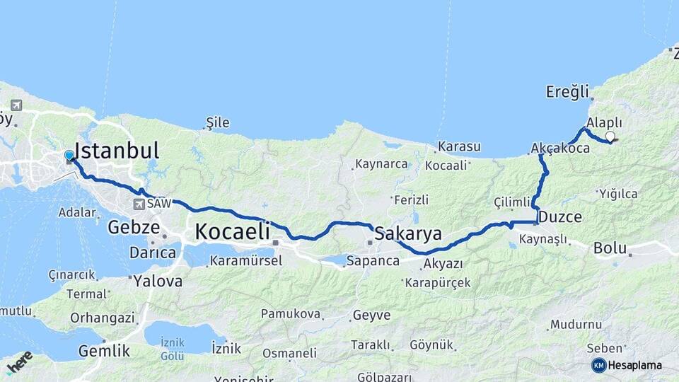 İstanbul Aşağıdağ Alaplı Zonguldak Arası Kaç Km - Yol Haritası
