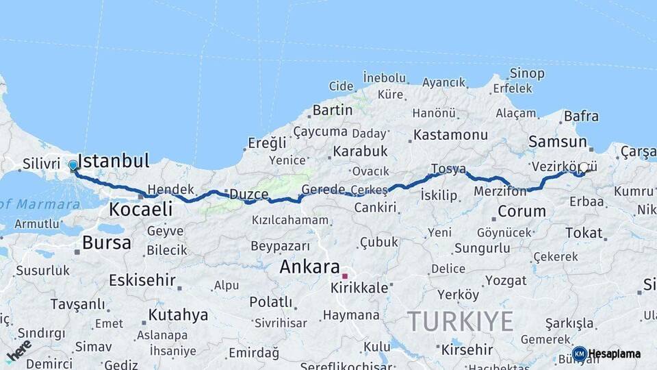 İstanbul Asarcık Samsun Arası Kaç Km - Yol Haritası