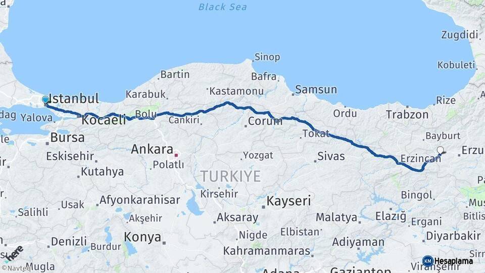İstanbul Aşkale Erzurum Arası Kaç Km - Yol Haritası