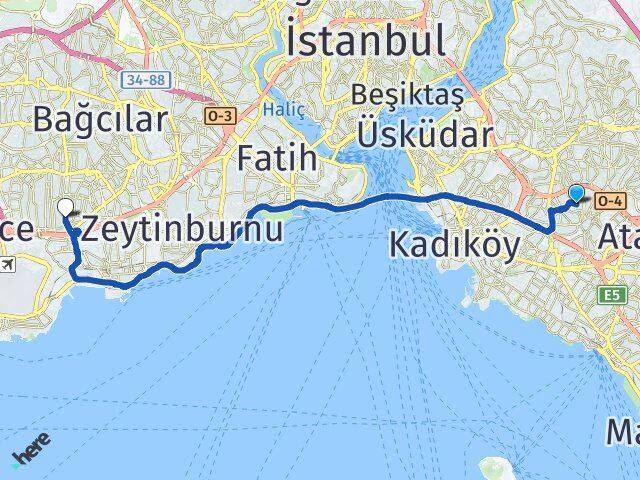 İstanbul Ataşehir Esatpaşa Bahçelievler Arası Kaç Km - Yol Haritası