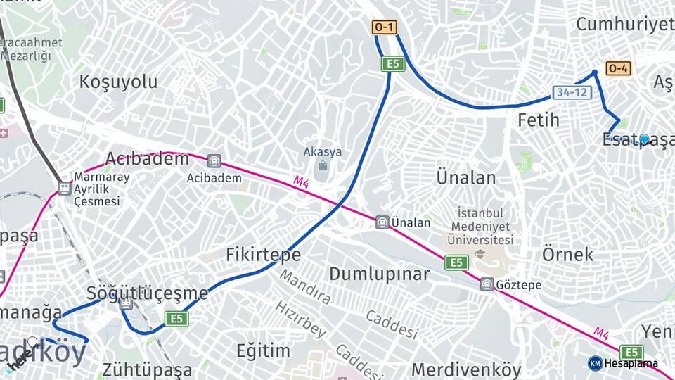 İstanbul Ataşehir Esatpaşa Kadıköy Arası Kaç Km - Yol Haritası