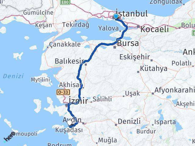 İstanbul Ataşehir Esatpaşa Kuşadası Aydın Arası Kaç Km - Yol Haritası