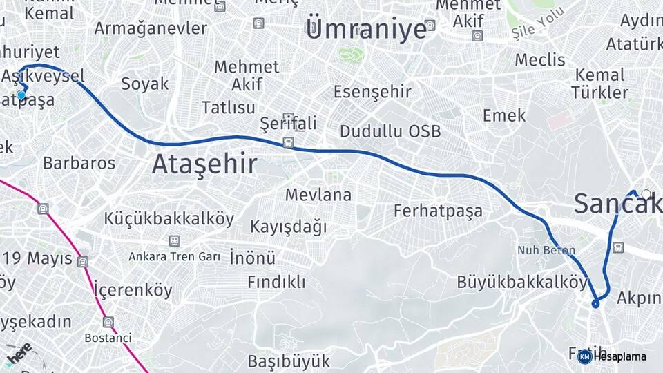 İstanbul Ataşehir Esatpaşa Sancaktepe Arası Kaç Km - Yol Haritası