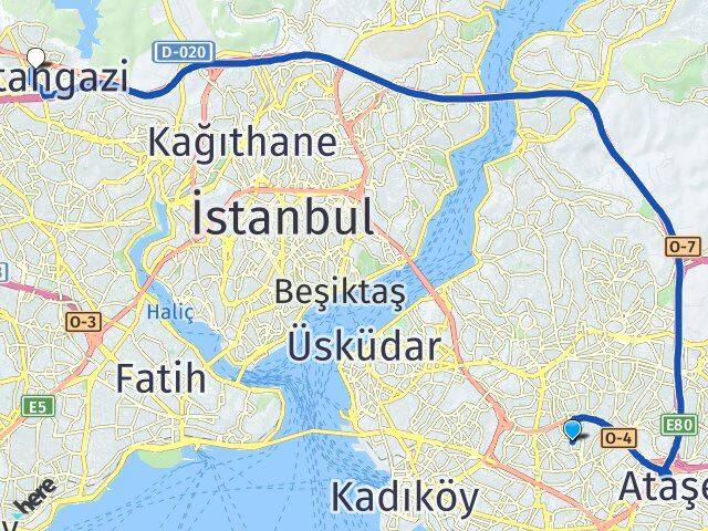 İstanbul Ataşehir Esatpaşa Sultangazi Arası Kaç Km - Yol Haritası