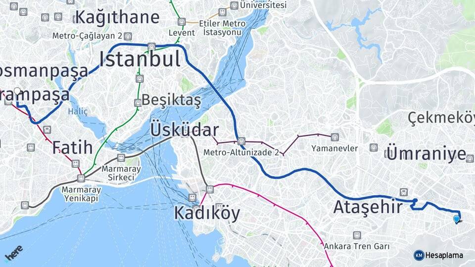 İstanbul Ataşehir Ferhatpaşa Bayrampaşa Arası Kaç Km - Yol Haritası