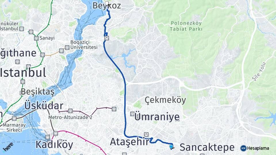 İstanbul Ataşehir Ferhatpaşa Beykoz Arası Kaç Km - Yol Haritası