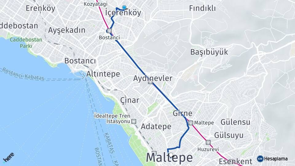 İstanbul Ataşehir İçerenköy Maltepe Arası Kaç Km - Yol Haritası