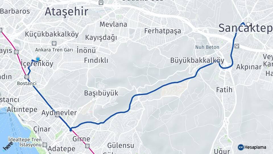İstanbul Ataşehir İçerenköy Sancaktepe Arası Kaç Km - Yol Haritası