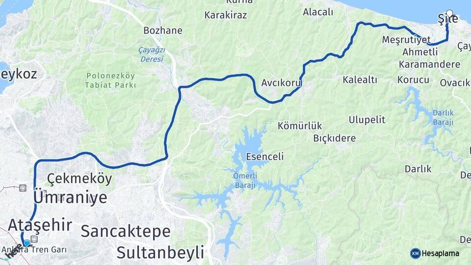 İstanbul Ataşehir İçerenköy Şile Arası Kaç Km - Yol Haritası