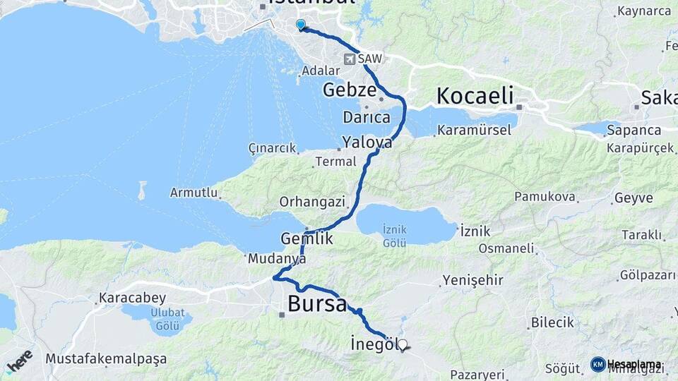 İstanbul Ataşehir İnegöl Bursa Arası Kaç Km - Yol Haritası