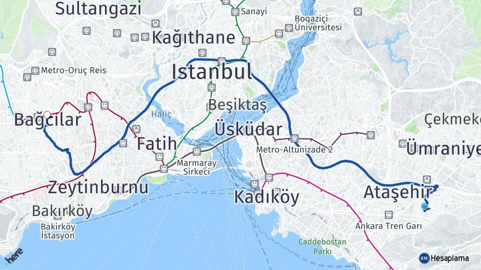 İstanbul Ataşehir Kayışdağı Bağcılar Arası Kaç Km - Yol Haritası