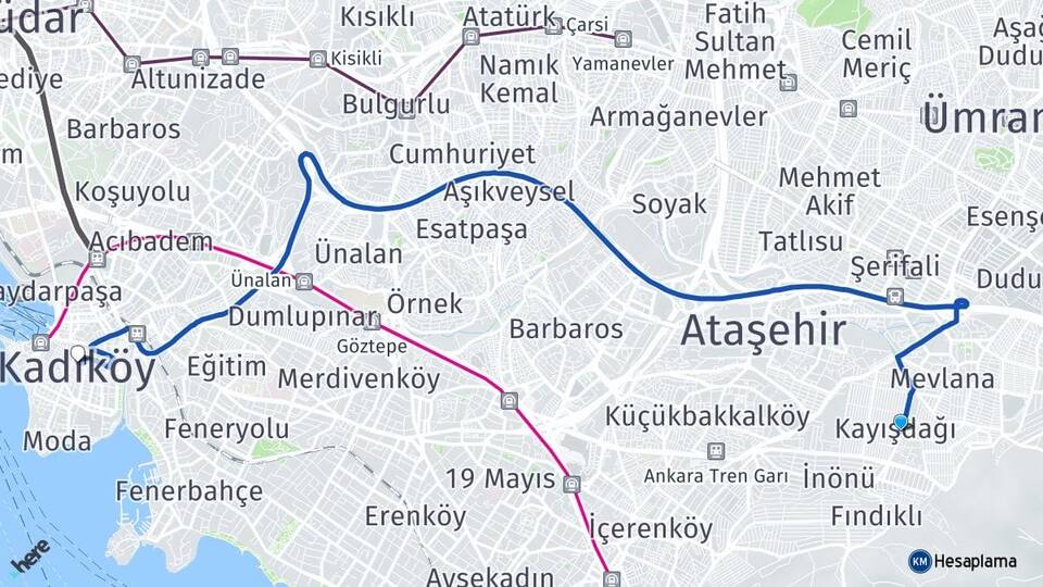İstanbul Ataşehir Kayışdağı Kadıköy Arası Kaç Km - Yol Haritası