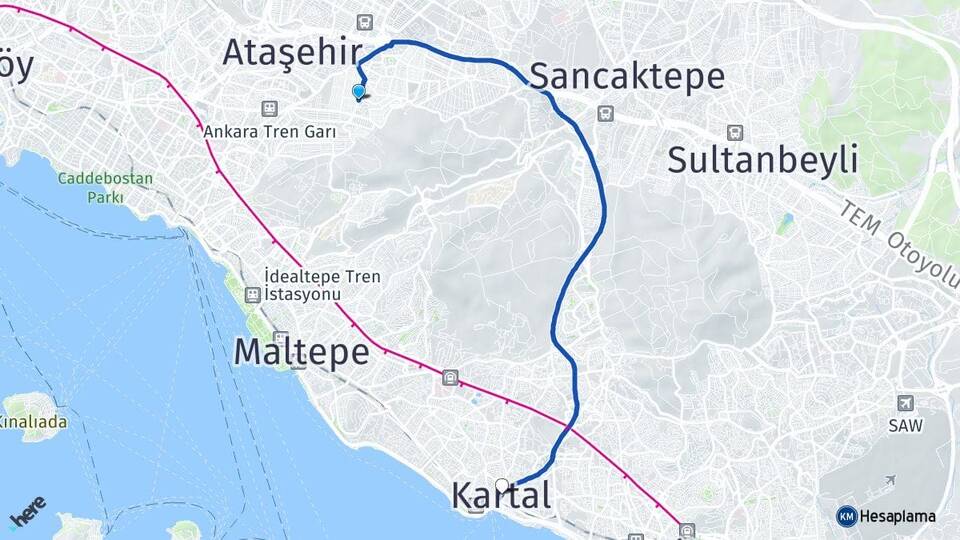 İstanbul Ataşehir Kayışdağı Kartal Arası Kaç Km - Yol Haritası