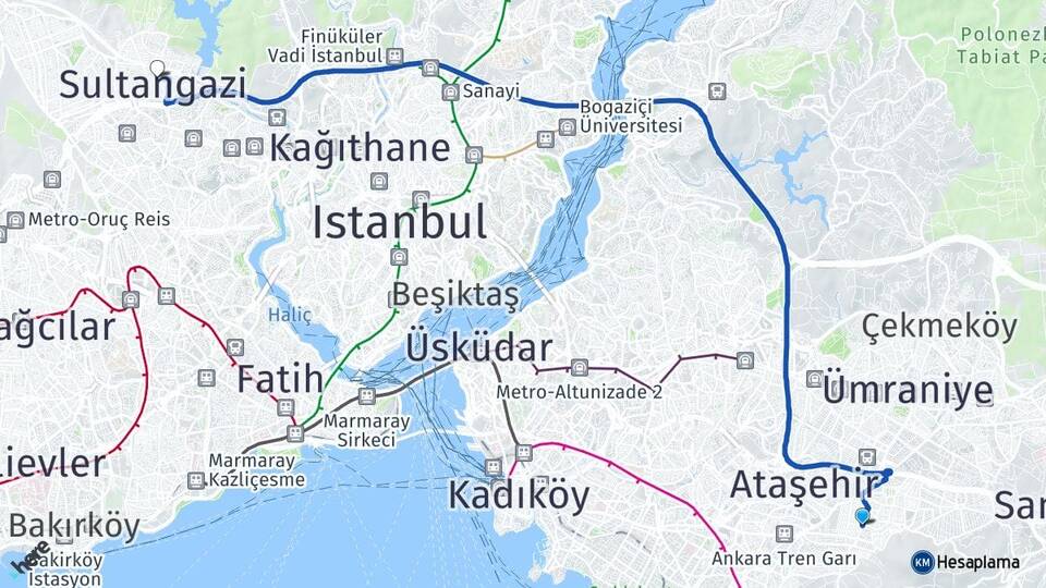 İstanbul Ataşehir Kayışdağı Sultangazi Arası Kaç Km - Yol Haritası