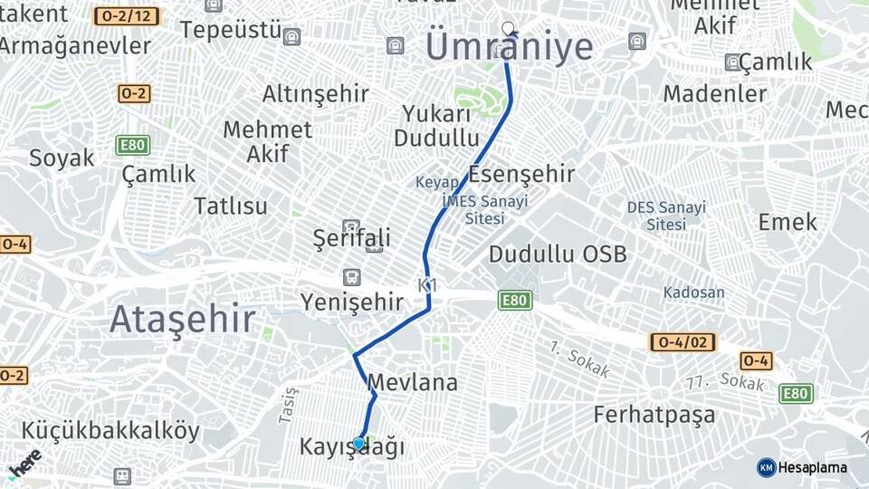 İstanbul Ataşehir Kayışdağı Ümraniye Arası Kaç Km - Yol Haritası
