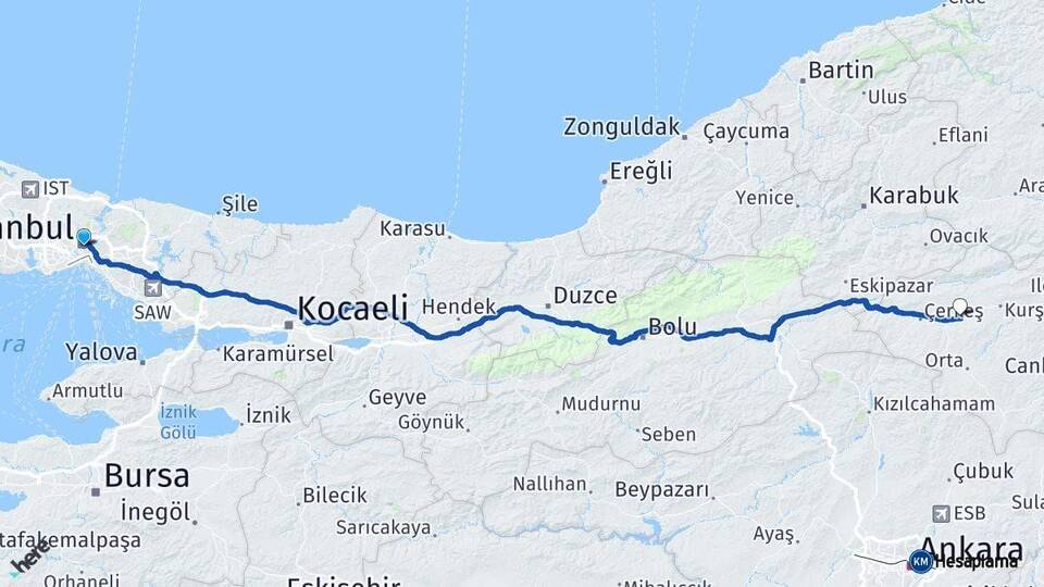İstanbul Atkaracalar Çankırı Arası Kaç Km - Yol Haritası