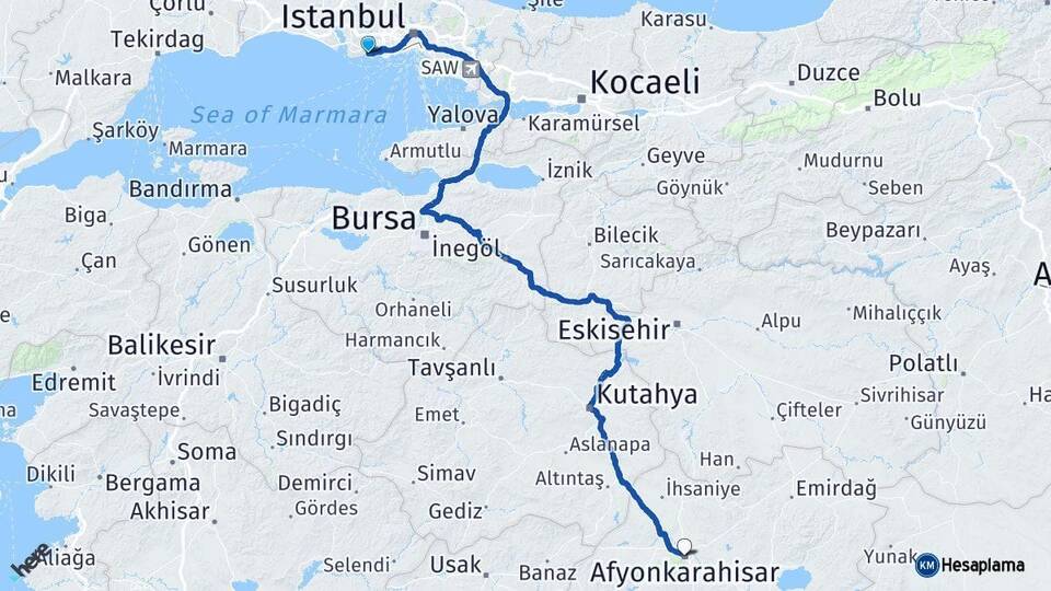 İstanbul Avcılar Afyonkarahisar Arası Kaç Km - Yol Haritası