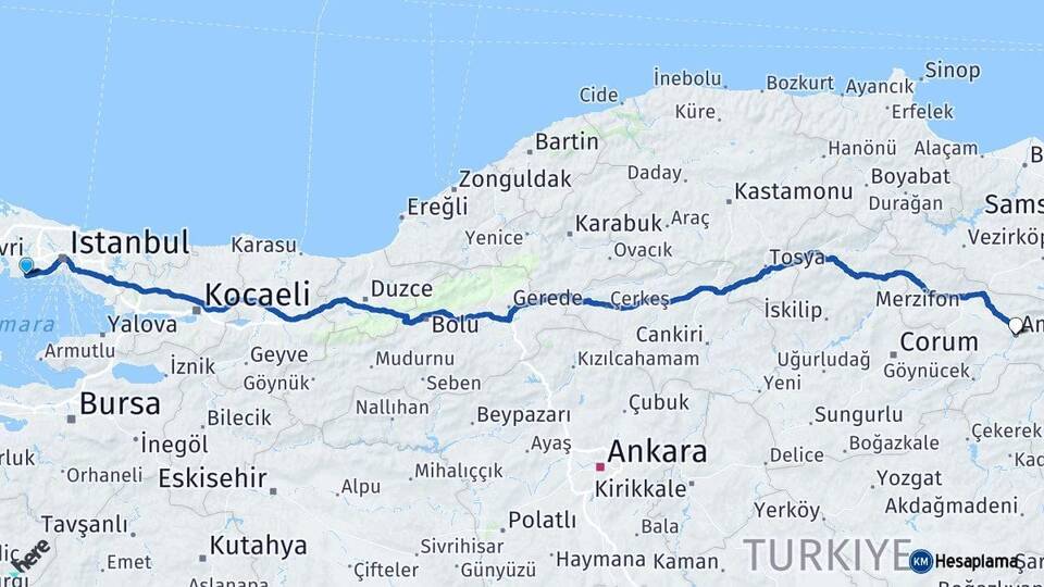 İstanbul Avcılar Amasya Arası Kaç Km - Yol Haritası