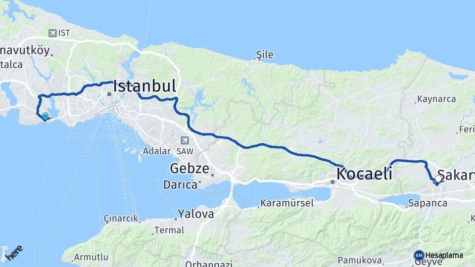 İstanbul Avcılar Ambarlı Adapazarı Sakarya Arası Kaç Km - Yol Haritası