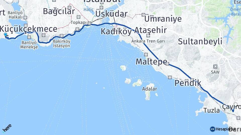 İstanbul Avcılar Ambarlı Çayırova Kocaeli Arası Kaç Km - Yol Haritası