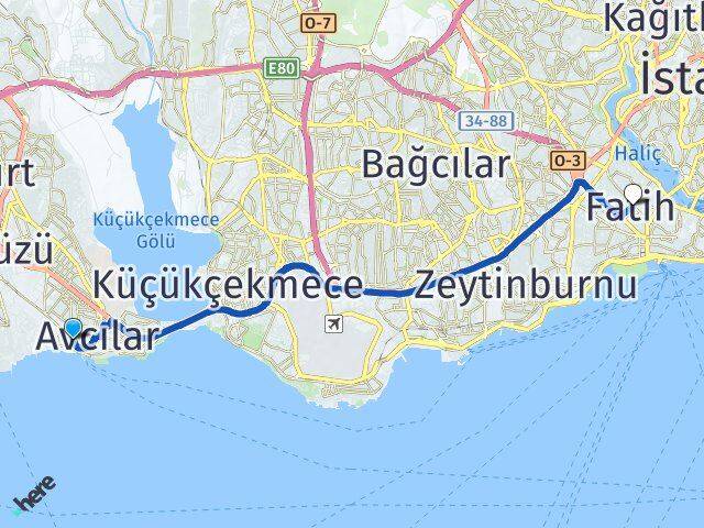 İstanbul Avcılar Ambarlı Fatih Arası Kaç Km - Yol Haritası
