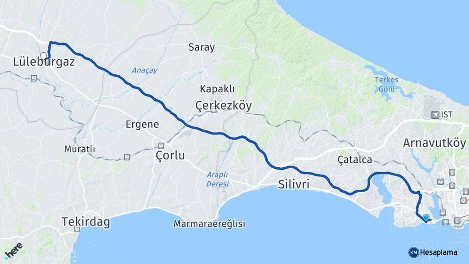 İstanbul Avcılar Ambarlı Lüleburgaz Kırklareli Arası Kaç Km - Yol Haritası