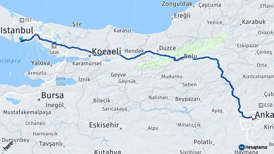 İstanbul Avcılar Ankara Arası Kaç Km - Yol Haritası