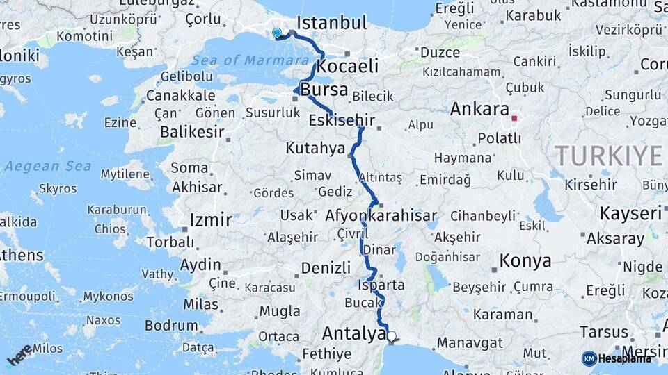 İstanbul Avcılar Antalya Arası Kaç Km - Yol Haritası