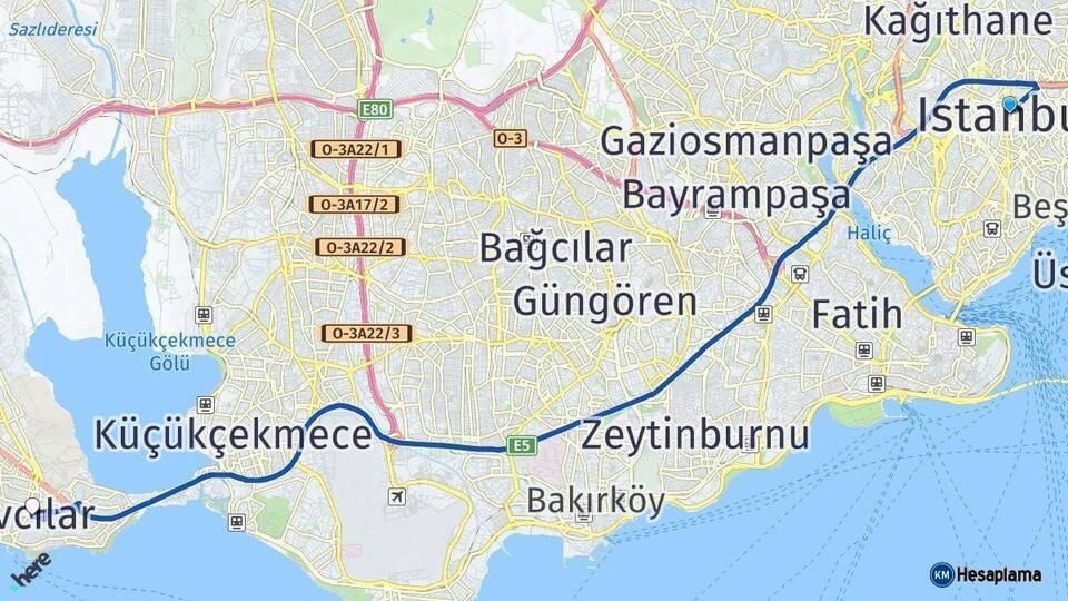 İstanbul Avcılar Arası Kaç Km - Yol Haritası