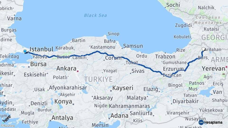 İstanbul Avcılar Ardahan Arası Kaç Km - Yol Haritası