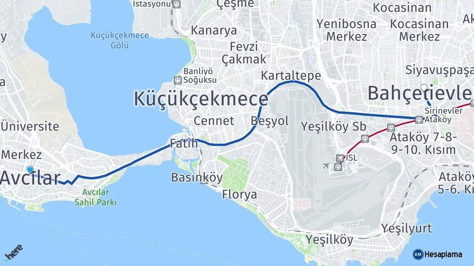İstanbul Avcılar Bahçelievler Arası Kaç Km - Yol Haritası