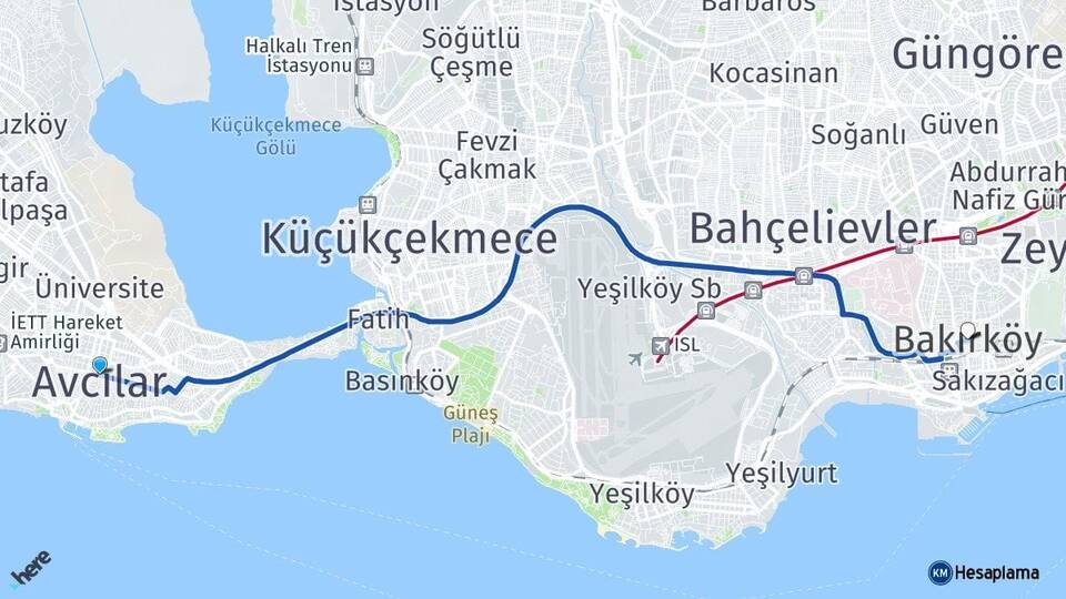 İstanbul Avcılar Bakırköy Arası Kaç Km - Yol Haritası