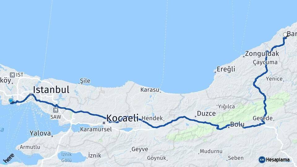 İstanbul Avcılar Bartın Arası Kaç Km - Yol Haritası