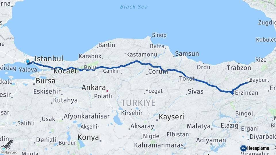 İstanbul Avcılar Bayburt Arası Kaç Km - Yol Haritası