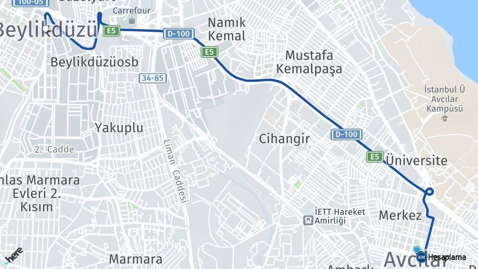 İstanbul Avcılar Beylikdüzü Arası Kaç Km - Yol Haritası
