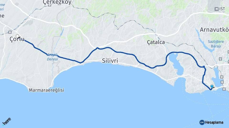 İstanbul Avcılar Çorlu Tekirdağ Arası Kaç Km - Yol Haritası