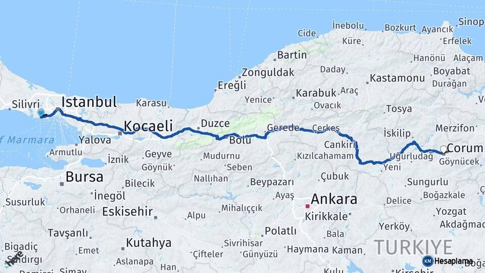 İstanbul Avcılar Çorum Arası Kaç Km - Yol Haritası
