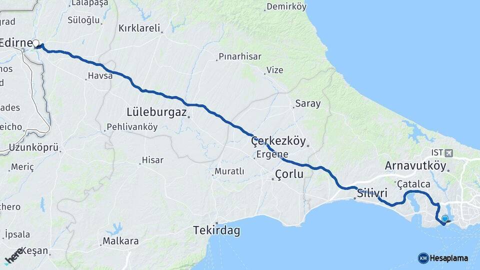 İstanbul Avcılar Edirne Arası Kaç Km - Yol Haritası
