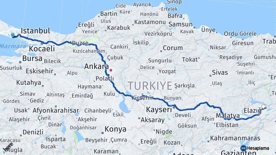 İstanbul Avcılar Elazığ Arası Kaç Km - Yol Haritası