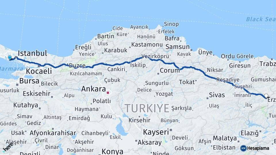 İstanbul Avcılar Erzincan Arası Kaç Km - Yol Haritası