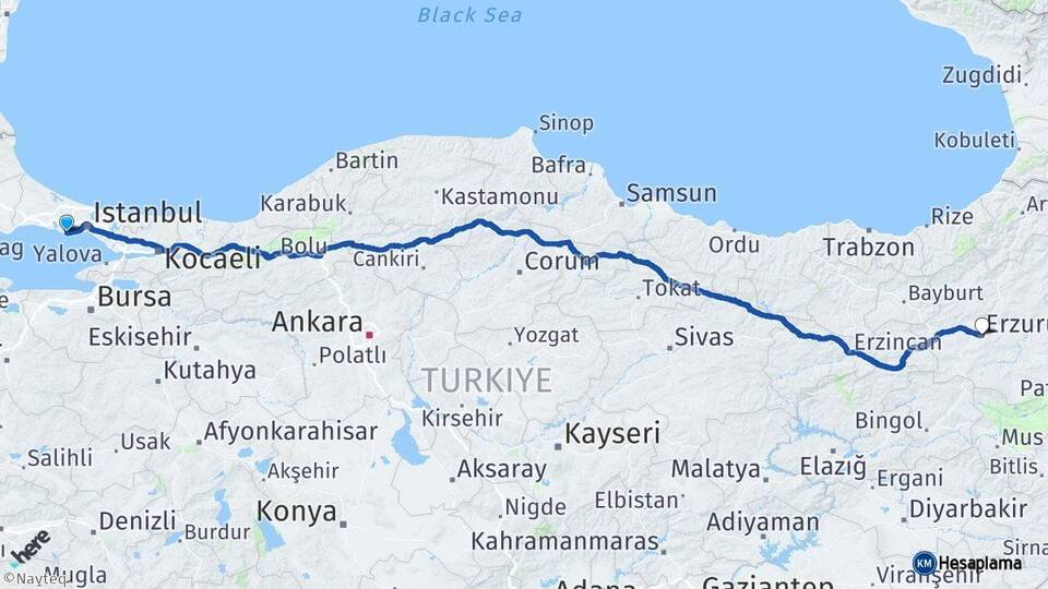 İstanbul Avcılar Erzurum Arası Kaç Km - Yol Haritası