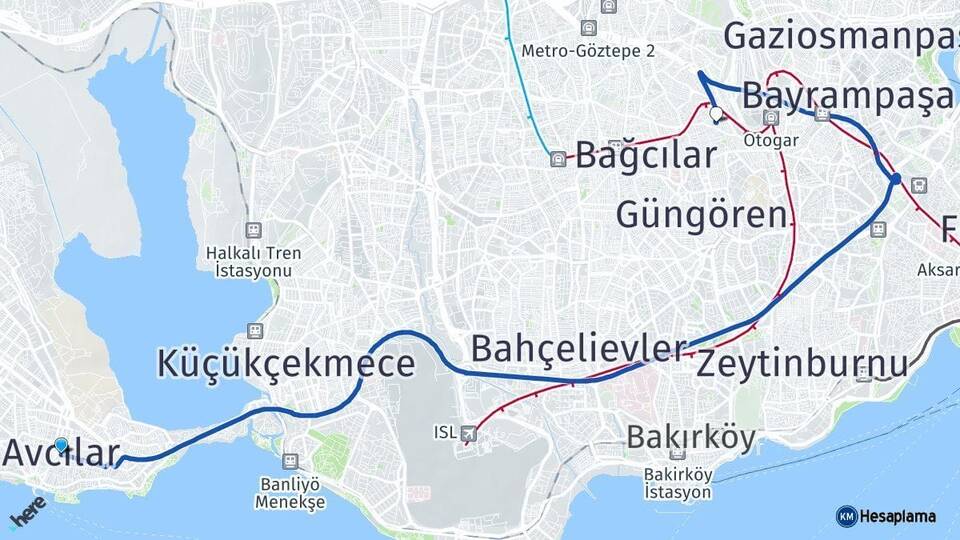 İstanbul Avcılar Esenler Arası Kaç Km - Yol Haritası