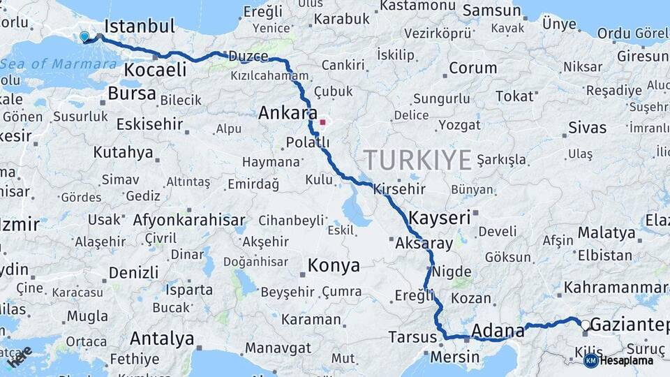 İstanbul Avcılar Gaziantep Arası Kaç Km - Yol Haritası