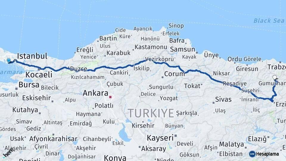 İstanbul Avcılar Gümüşhane Arası Kaç Km - Yol Haritası