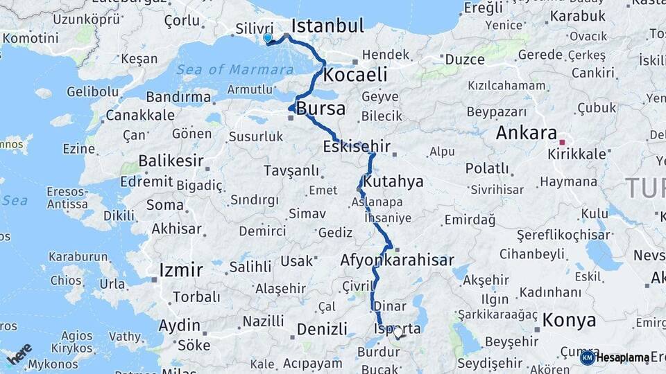 İstanbul Avcılar Isparta Arası Kaç Km - Yol Haritası