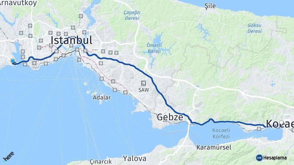 İstanbul Avcılar İzmit Kocaeli Arası Kaç Km - Yol Haritası