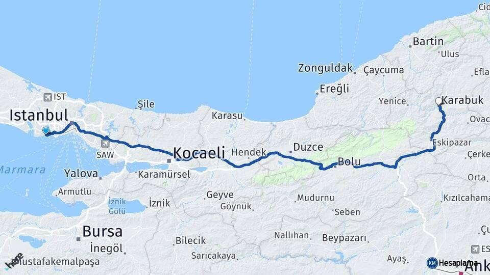 İstanbul Avcılar Karabük Arası Kaç Km - Yol Haritası