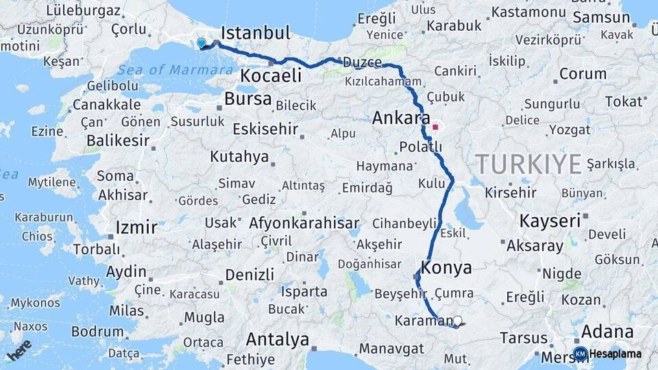 İstanbul Avcılar Karaman Arası Kaç Km - Yol Haritası
