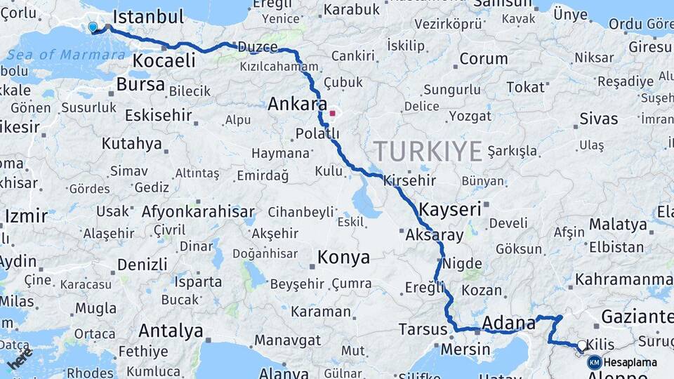 İstanbul Avcılar Kilis Arası Kaç Km - Yol Haritası