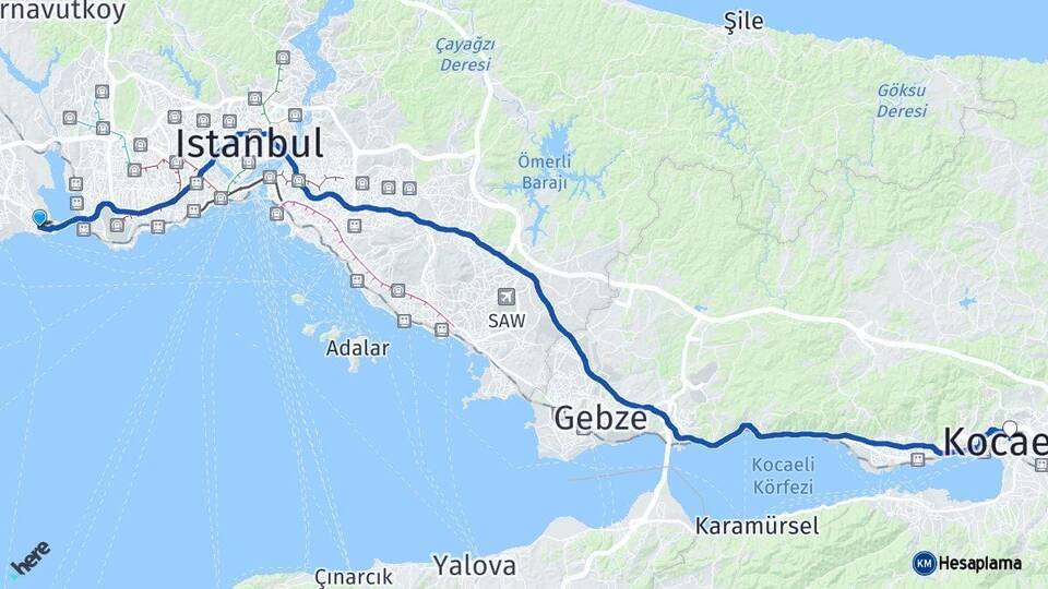İstanbul Avcılar Kocaeli Arası Kaç Km - Yol Haritası
